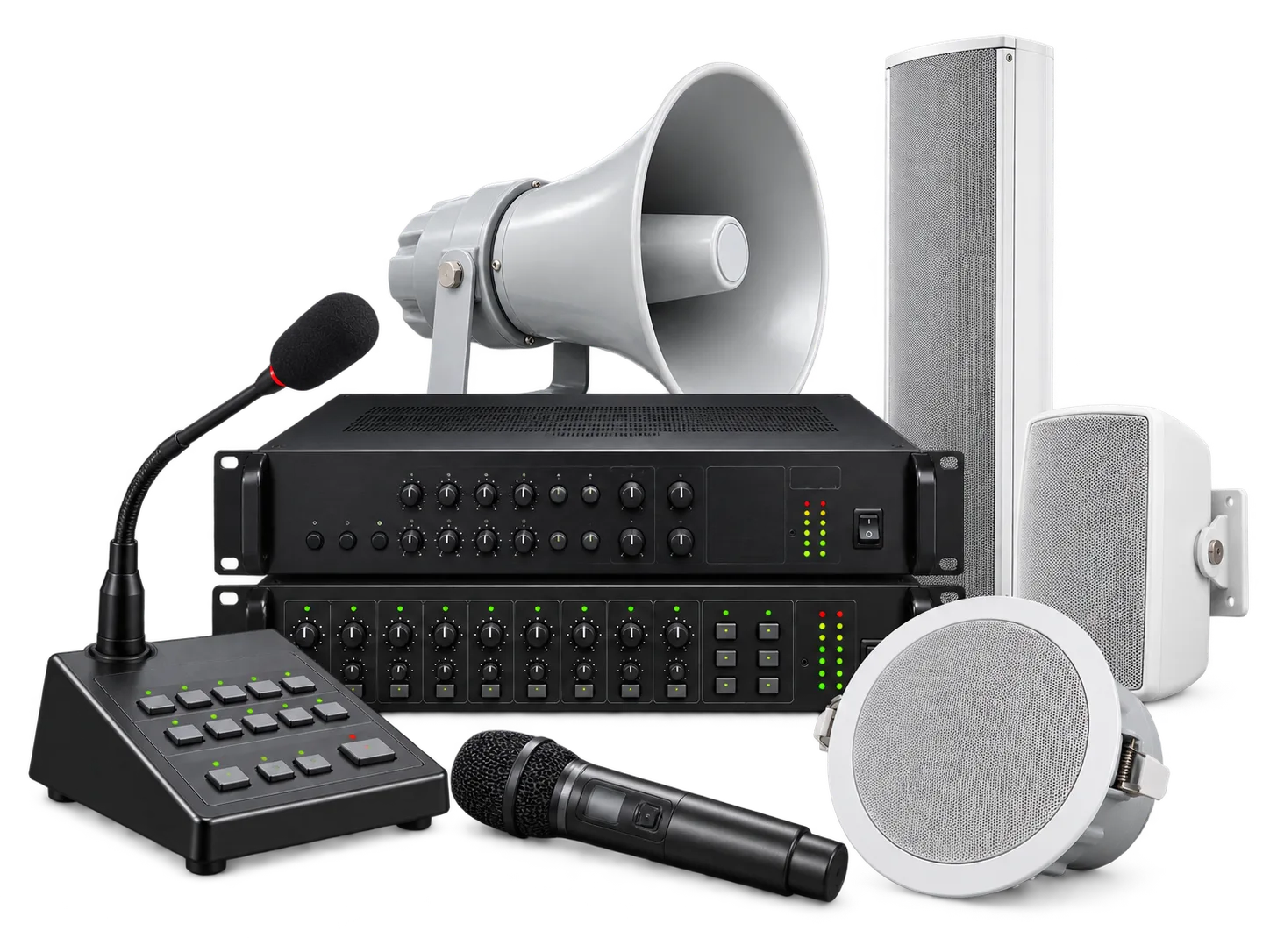 Complete PA sound system with amplifier, microphones and multiple speaker types